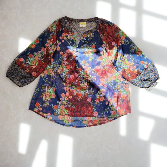 Fig & Flower Sheer Floral Boho Button Front Blouse (Like Figueroa & Flower) - Picture 5 of 11